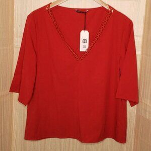 Noracora Womens New Red Elbow Length Crochet Detail Top Large
